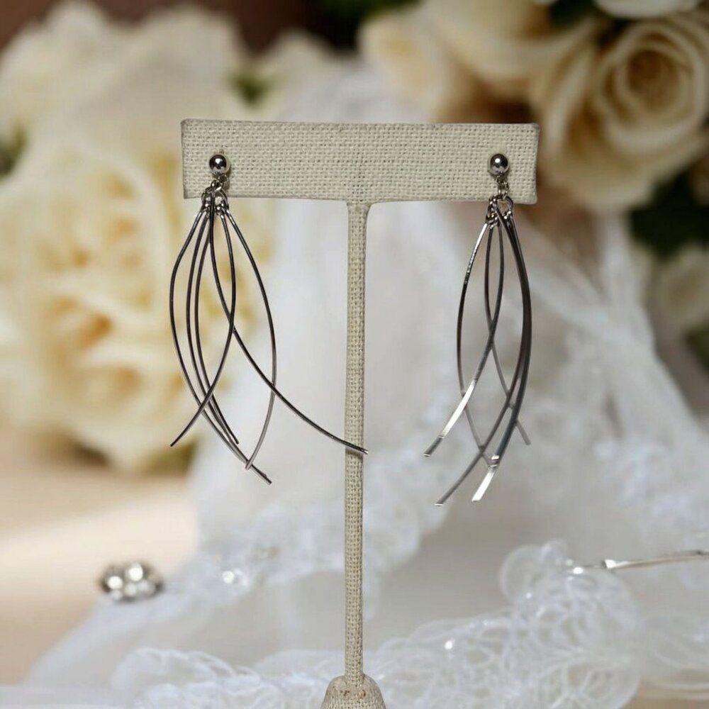 Pierced Stud Earrings Silver-Tone 2.5" Curved Bar Dangle Drop